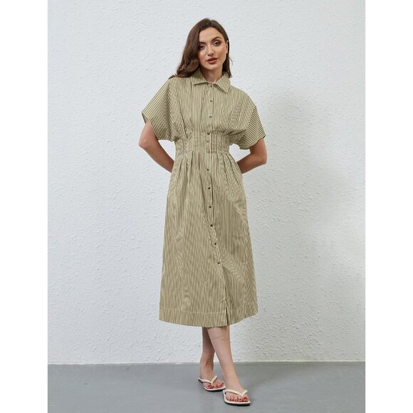 Women Maxi Dress Summer Casual Button Pleated Long Dress Short Sleeve - Picture 4 of 7